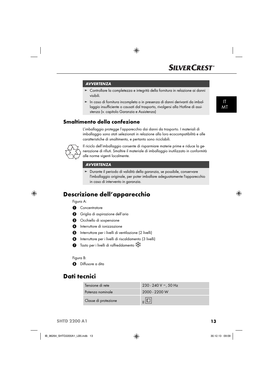 Descrizione dell’apparecchio, Dati tecnici, Smaltimento della confezione | It mt | Silvercrest SHTD 2200 A1 User Manual | Page 16 / 54