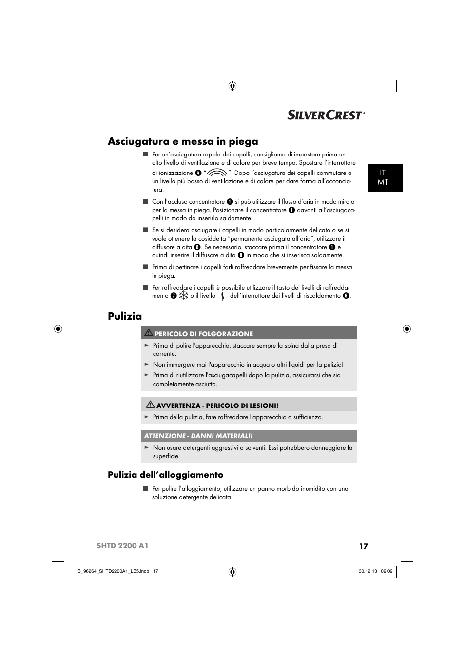 Asciugatura e messa in piega, Pulizia, Pulizia dell’alloggiamento | It mt | Silvercrest SHTD 2200 A1 User Manual | Page 20 / 54