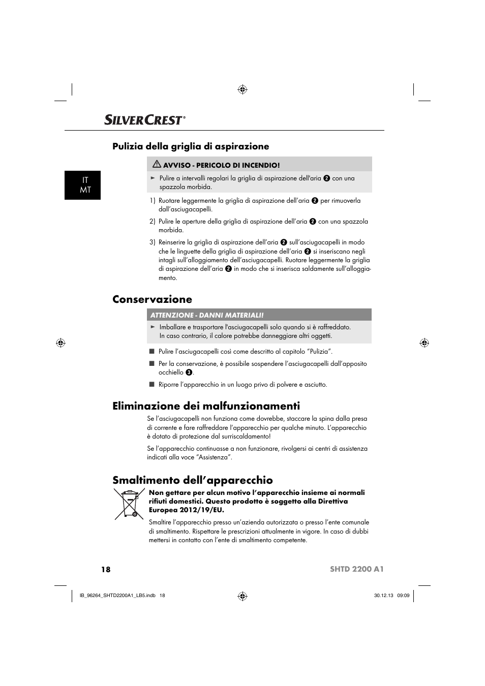 Conservazione, Eliminazione dei malfunzionamenti, Smaltimento dell’apparecchio | Pulizia della griglia di aspirazione, It mt | Silvercrest SHTD 2200 A1 User Manual | Page 21 / 54
