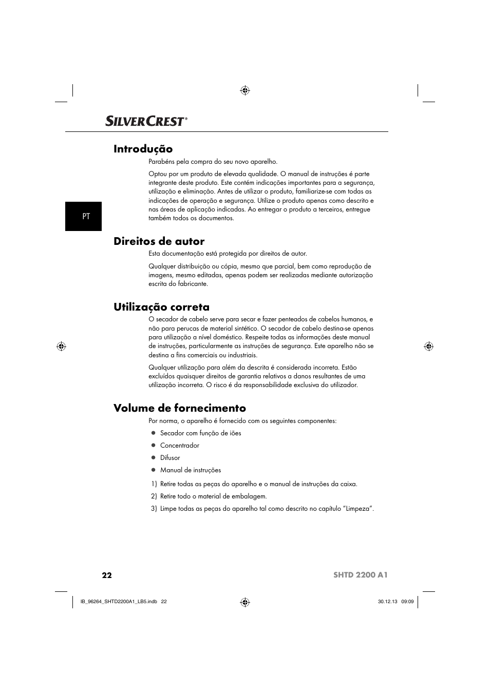 Introdução, Direitos de autor, Utilização correta | Volume de fornecimento | Silvercrest SHTD 2200 A1 User Manual | Page 25 / 54