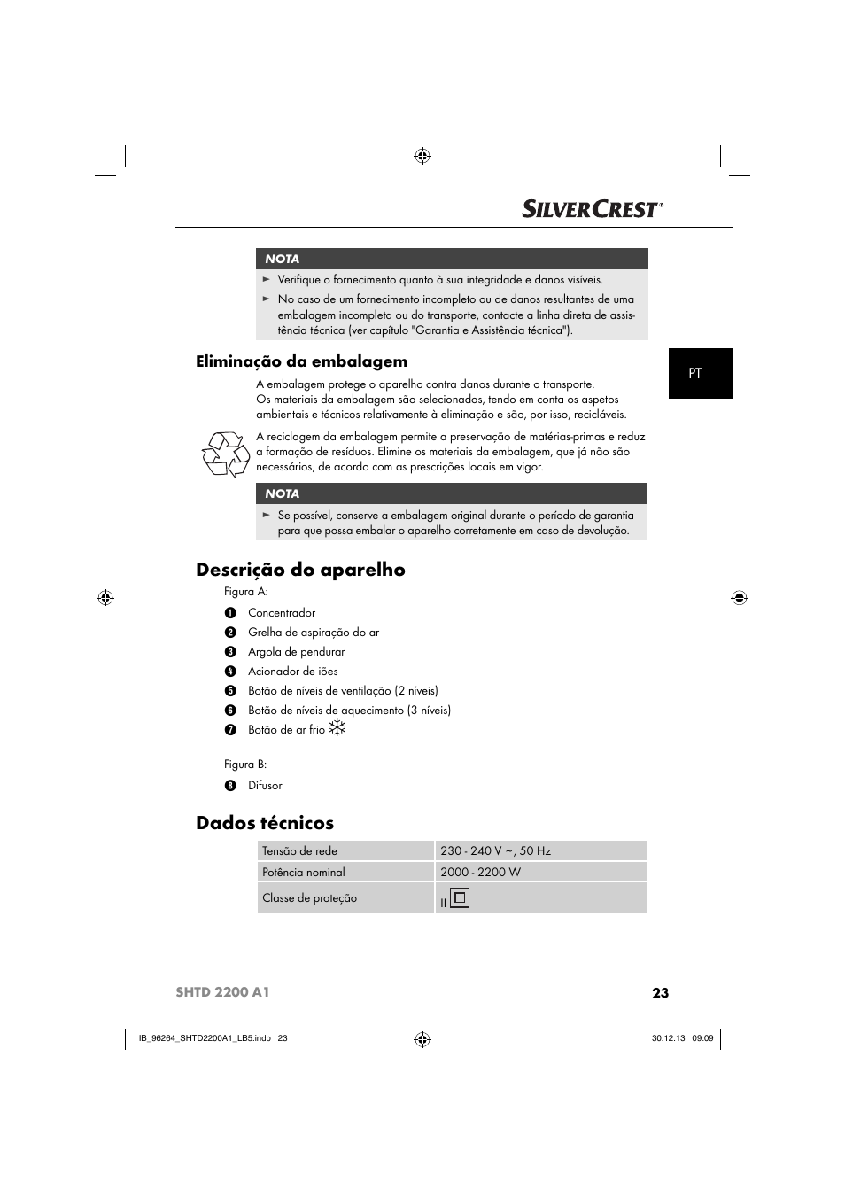 Descrição do aparelho, Dados técnicos, Eliminação da embalagem | Silvercrest SHTD 2200 A1 User Manual | Page 26 / 54