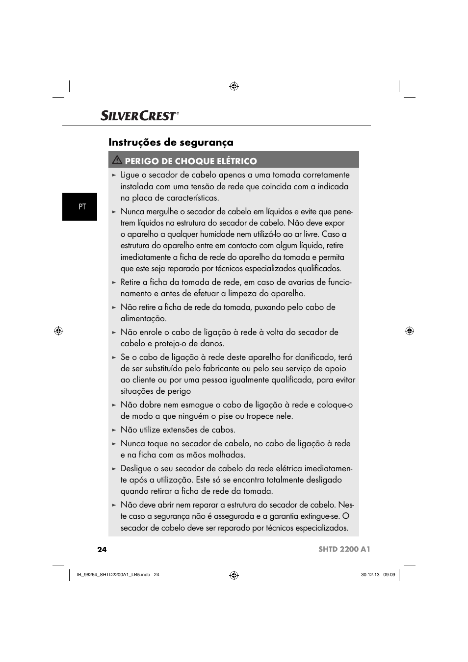 Instruções de segurança, Perigo de choque elétrico, Não utilize extensões de cabos | Silvercrest SHTD 2200 A1 User Manual | Page 27 / 54