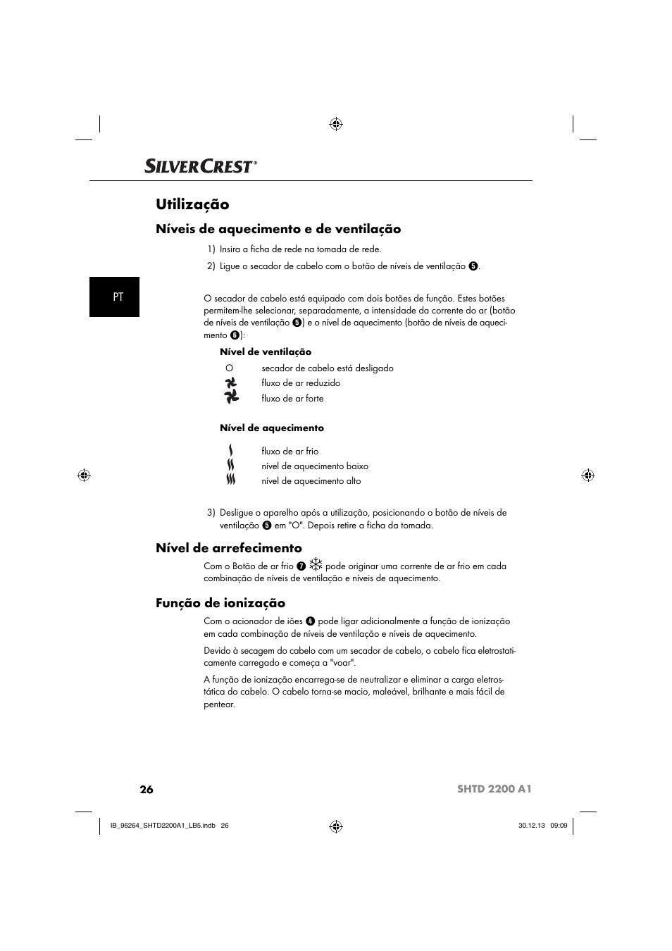 Utilização, Níveis de aquecimento e de ventilação, Nível de arrefecimento | Função de ionização | Silvercrest SHTD 2200 A1 User Manual | Page 29 / 54