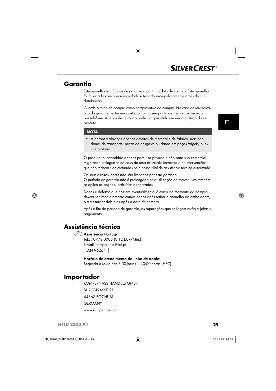 Garantia, Assistência técnica, Importador | Silvercrest SHTD 2200 A1 User Manual | Page 32 / 54