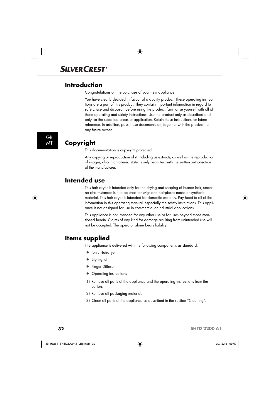 Introduction, Copyright, Intended use | Items supplied, Gb mt | Silvercrest SHTD 2200 A1 User Manual | Page 35 / 54