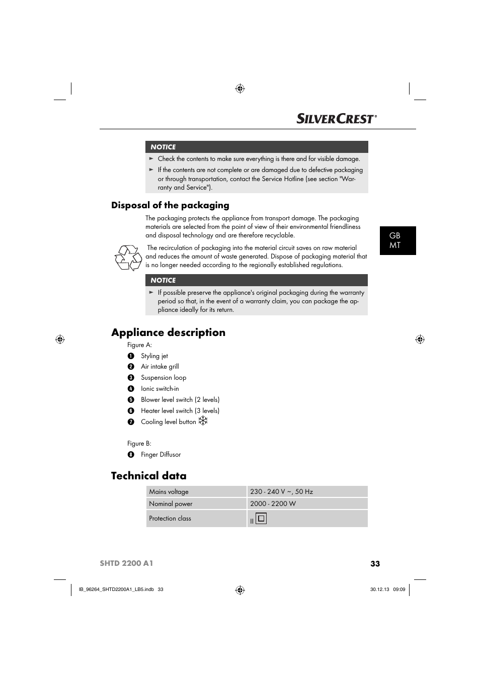 Appliance description, Technical data, Disposal of the packaging | Gb mt | Silvercrest SHTD 2200 A1 User Manual | Page 36 / 54