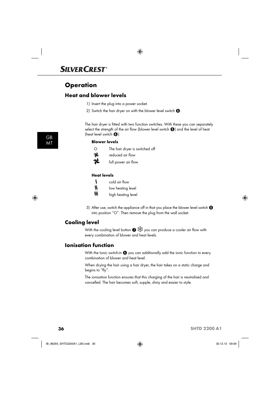 Operation, Heat and blower levels, Cooling level | Ionisation function, Gb mt | Silvercrest SHTD 2200 A1 User Manual | Page 39 / 54