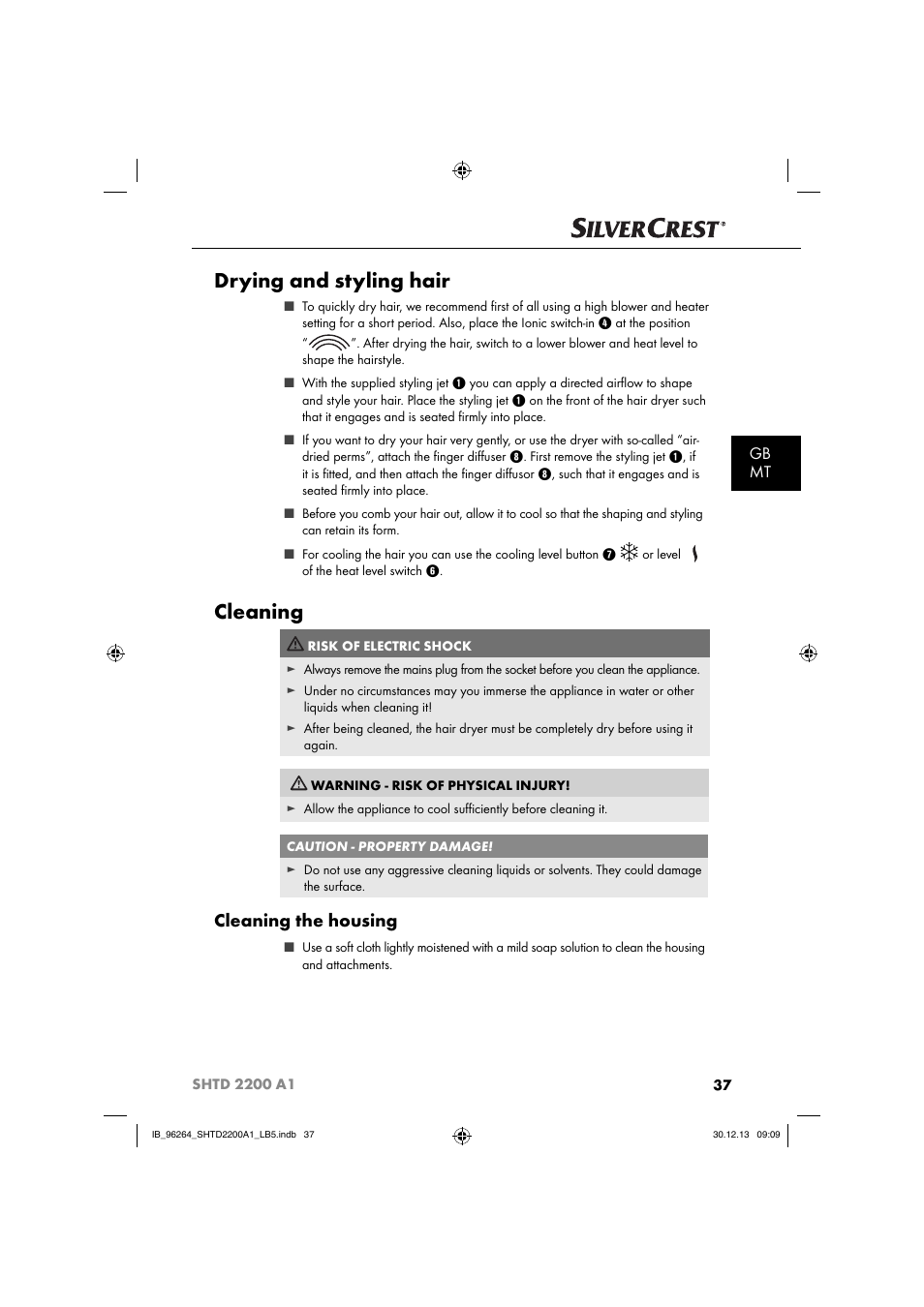Drying and styling hair, Cleaning, Cleaning the housing | Gb mt | Silvercrest SHTD 2200 A1 User Manual | Page 40 / 54
