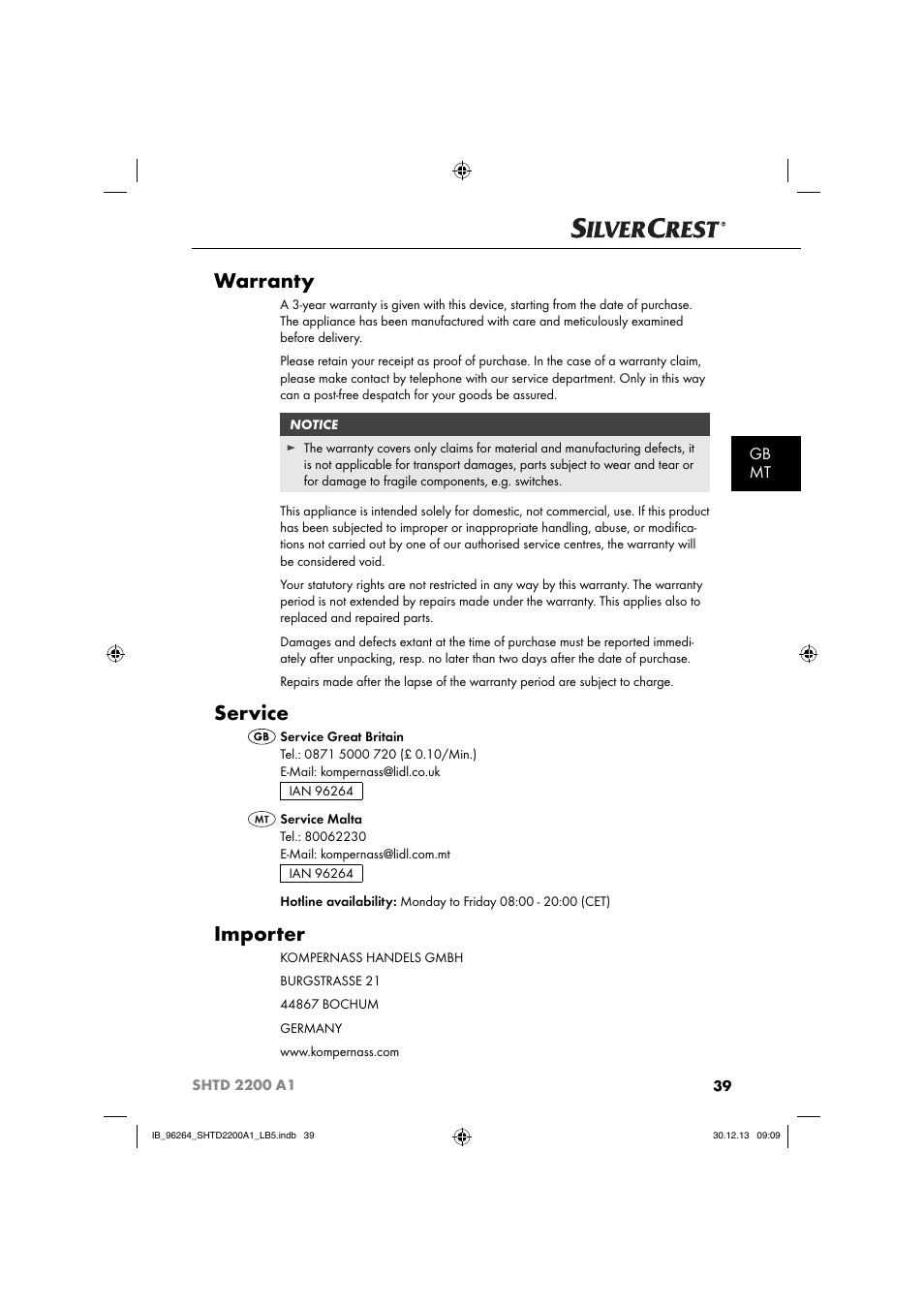 Warranty, Service, Importer | Gb mt | Silvercrest SHTD 2200 A1 User Manual | Page 42 / 54