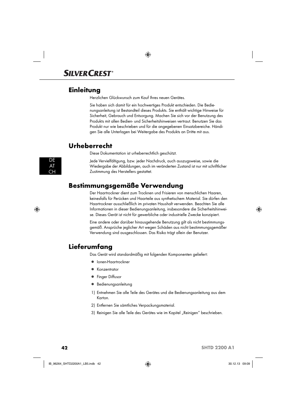 Einleitung, Urheberrecht, Bestimmungsgemäße verwendung | Lieferumfang, De at ch | Silvercrest SHTD 2200 A1 User Manual | Page 45 / 54