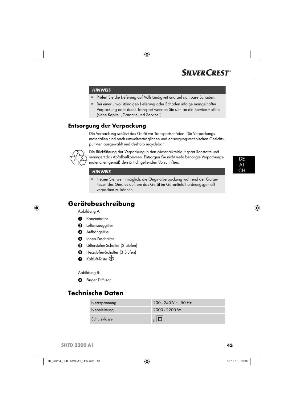 Gerätebeschreibung, Technische daten, Entsorgung der verpackung | De at ch | Silvercrest SHTD 2200 A1 User Manual | Page 46 / 54