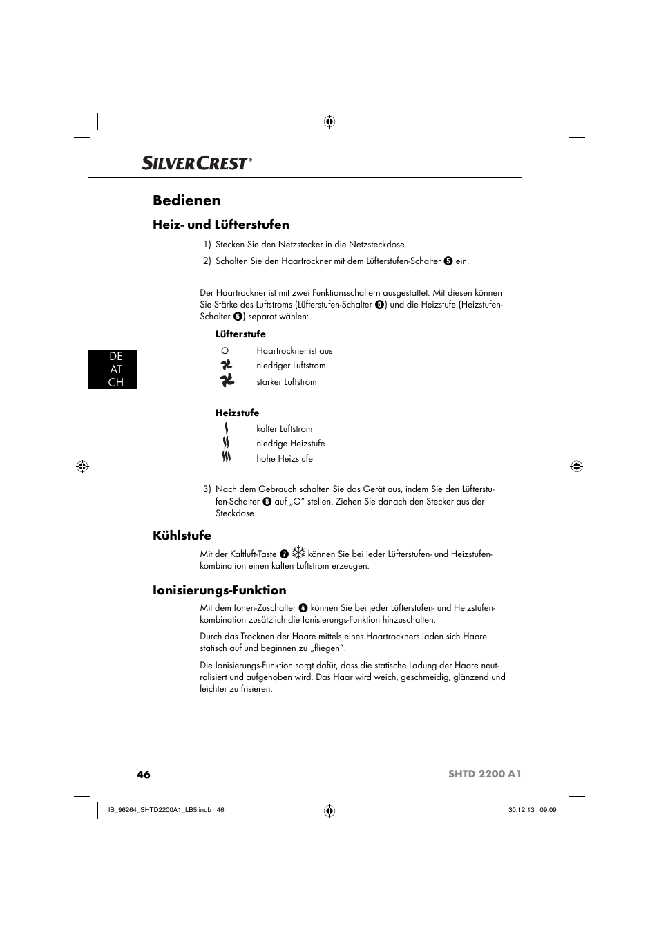 Bedienen, Heiz- und lüfterstufen, Kühlstufe | Ionisierungs-funktion, De at ch | Silvercrest SHTD 2200 A1 User Manual | Page 49 / 54
