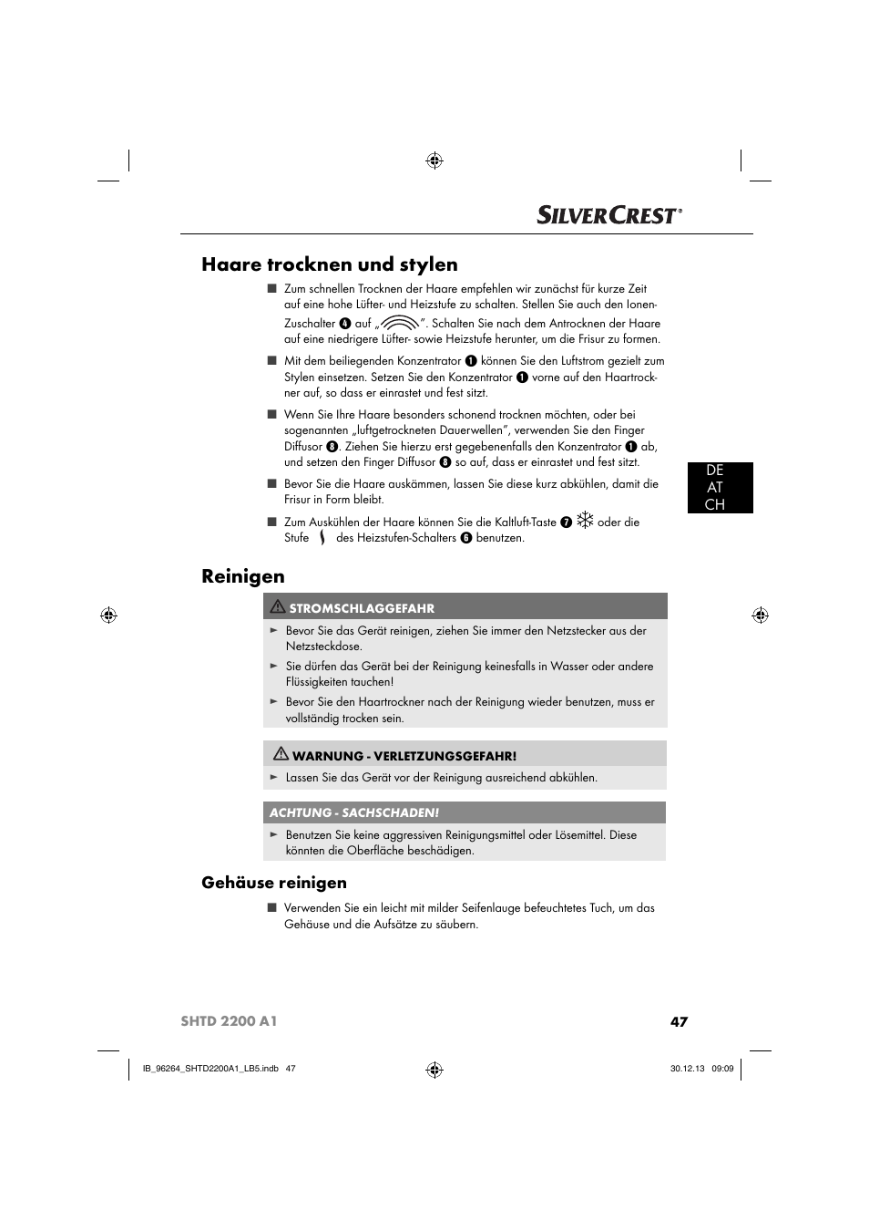 Haare trocknen und stylen, Reinigen, Gehäuse reinigen | De at ch | Silvercrest SHTD 2200 A1 User Manual | Page 50 / 54