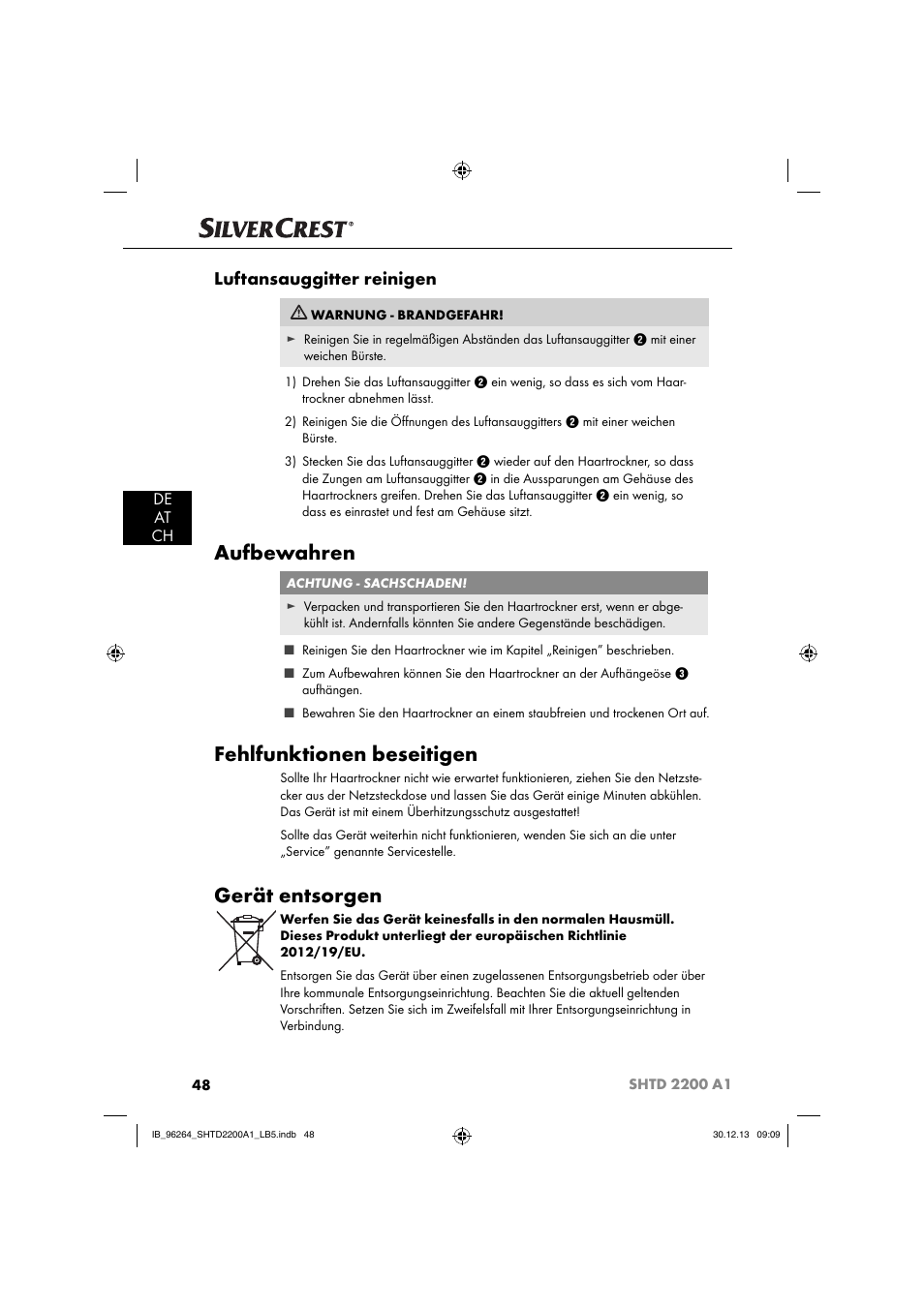 Aufbewahren, Fehlfunktionen beseitigen, Gerät entsorgen | Luftansauggitter reinigen, De at ch | Silvercrest SHTD 2200 A1 User Manual | Page 51 / 54