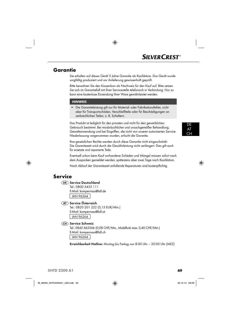 Garantie, Service, De at ch | Silvercrest SHTD 2200 A1 User Manual | Page 52 / 54