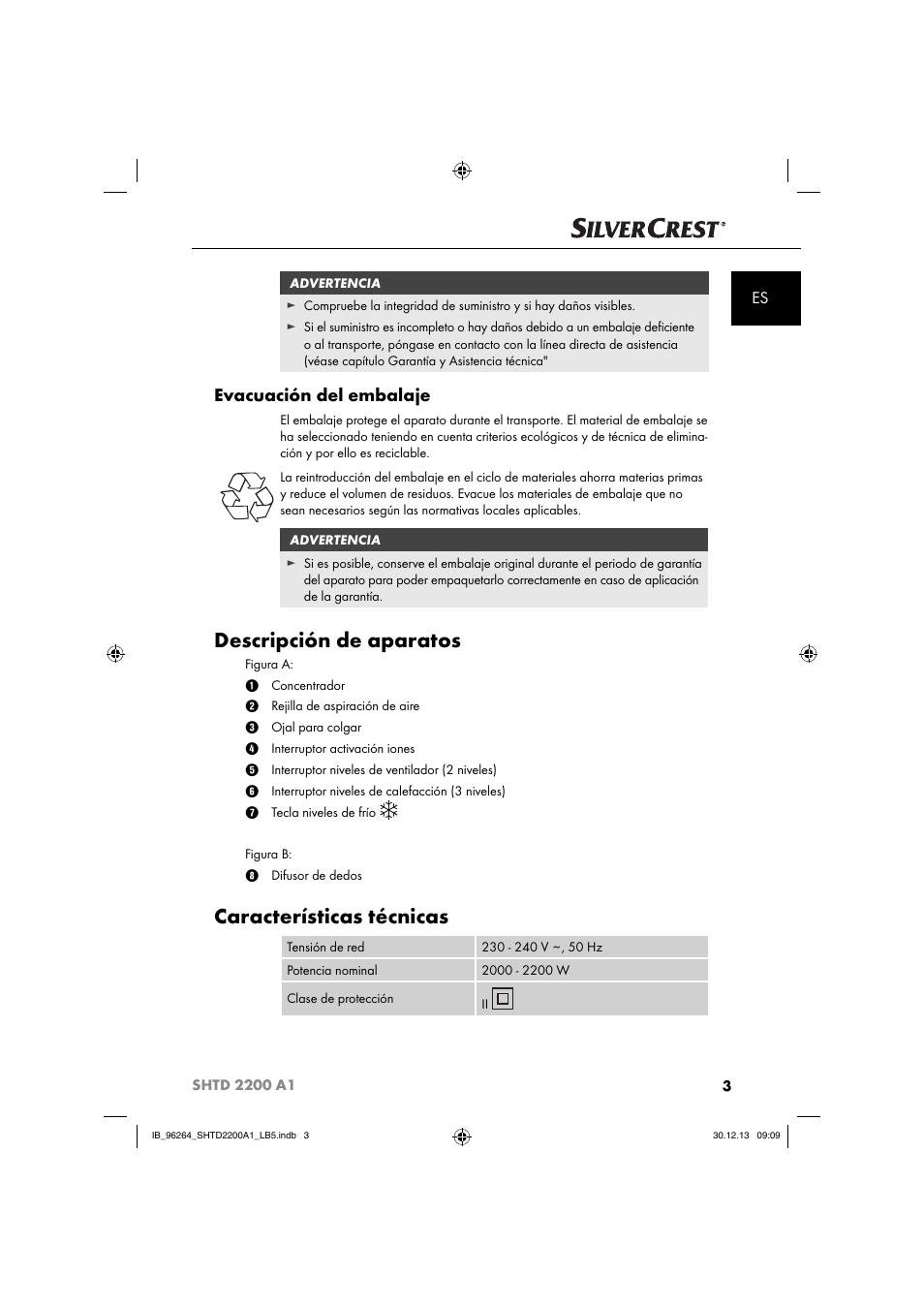 Descripción de aparatos, Características técnicas, Evacuación del embalaje | Silvercrest SHTD 2200 A1 User Manual | Page 6 / 54