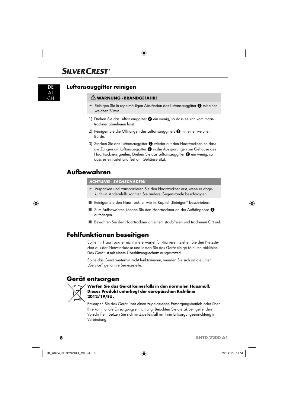 Aufbewahren, Fehlfunktionen beseitigen, Gerät entsorgen | Luftansauggitter reinigen, De at ch | Silvercrest SHTD 2200 A1 User Manual | Page 11 / 43