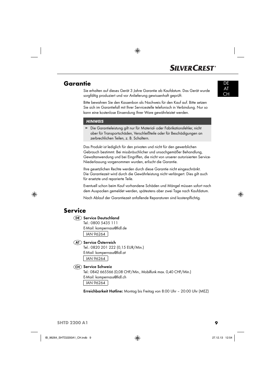 Garantie, Service, De at ch | Silvercrest SHTD 2200 A1 User Manual | Page 12 / 43