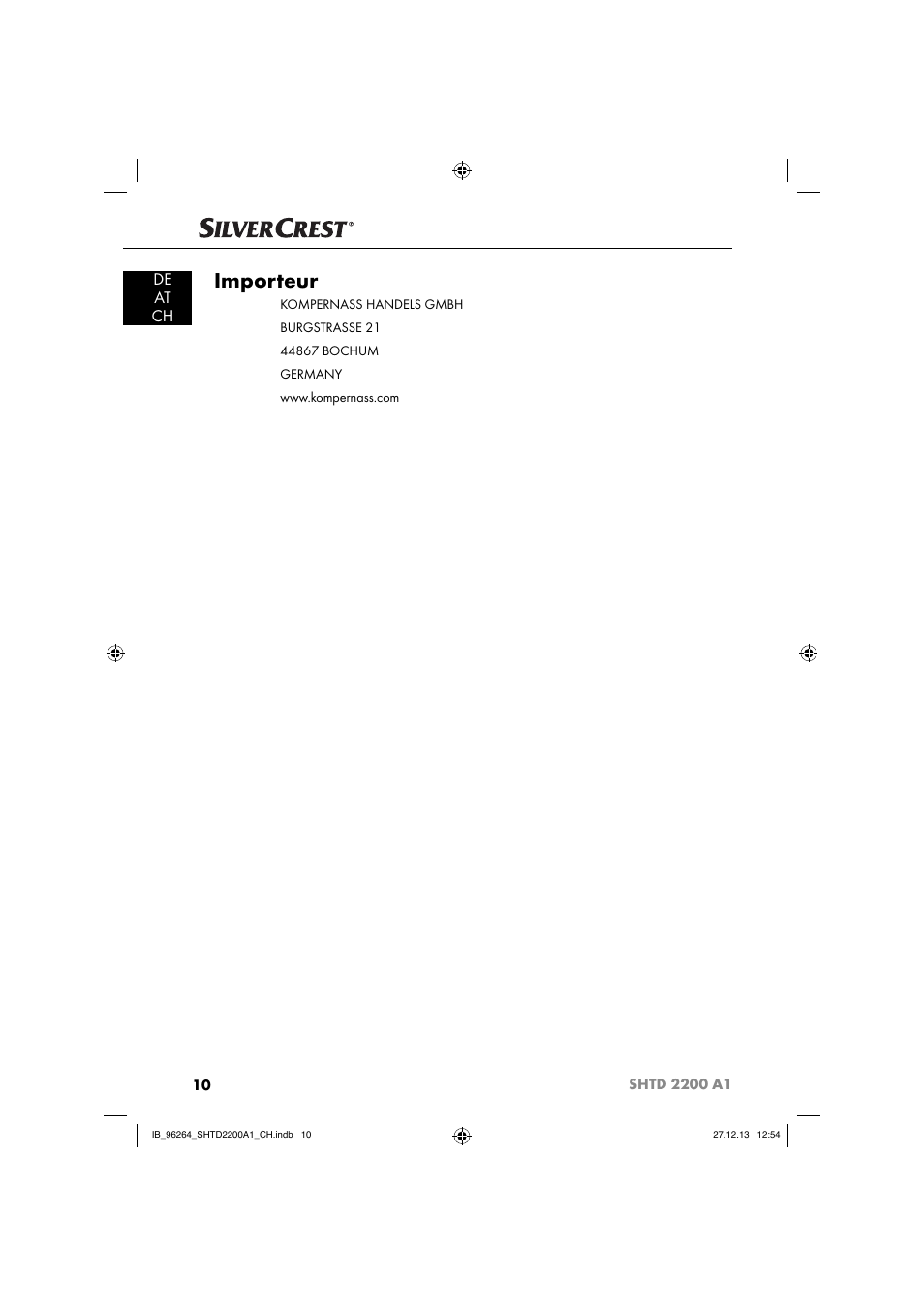 Importeur, De at ch | Silvercrest SHTD 2200 A1 User Manual | Page 13 / 43