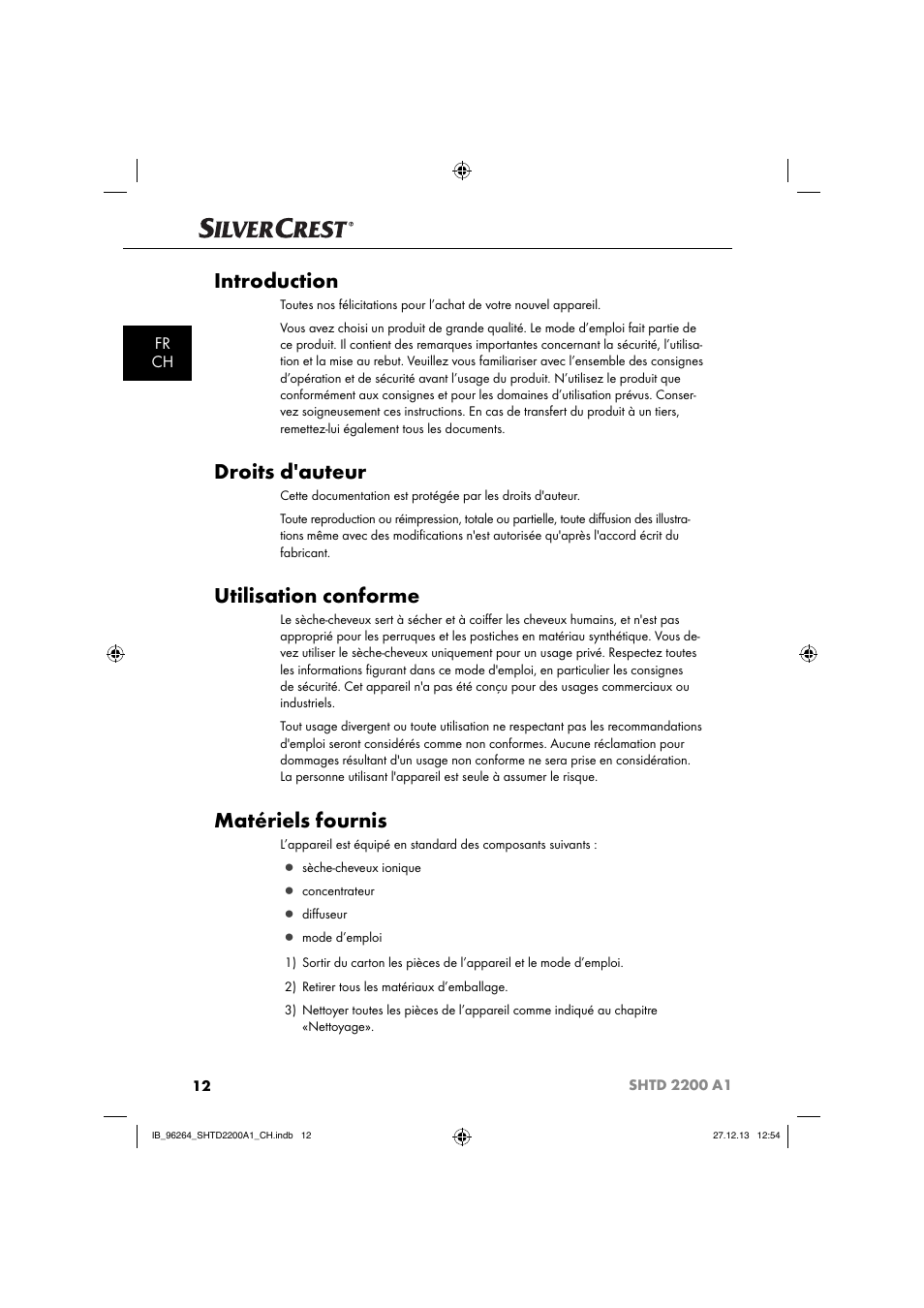 Introduction, Droits d'auteur, Utilisation conforme | Matériels fournis, Fr ch | Silvercrest SHTD 2200 A1 User Manual | Page 15 / 43