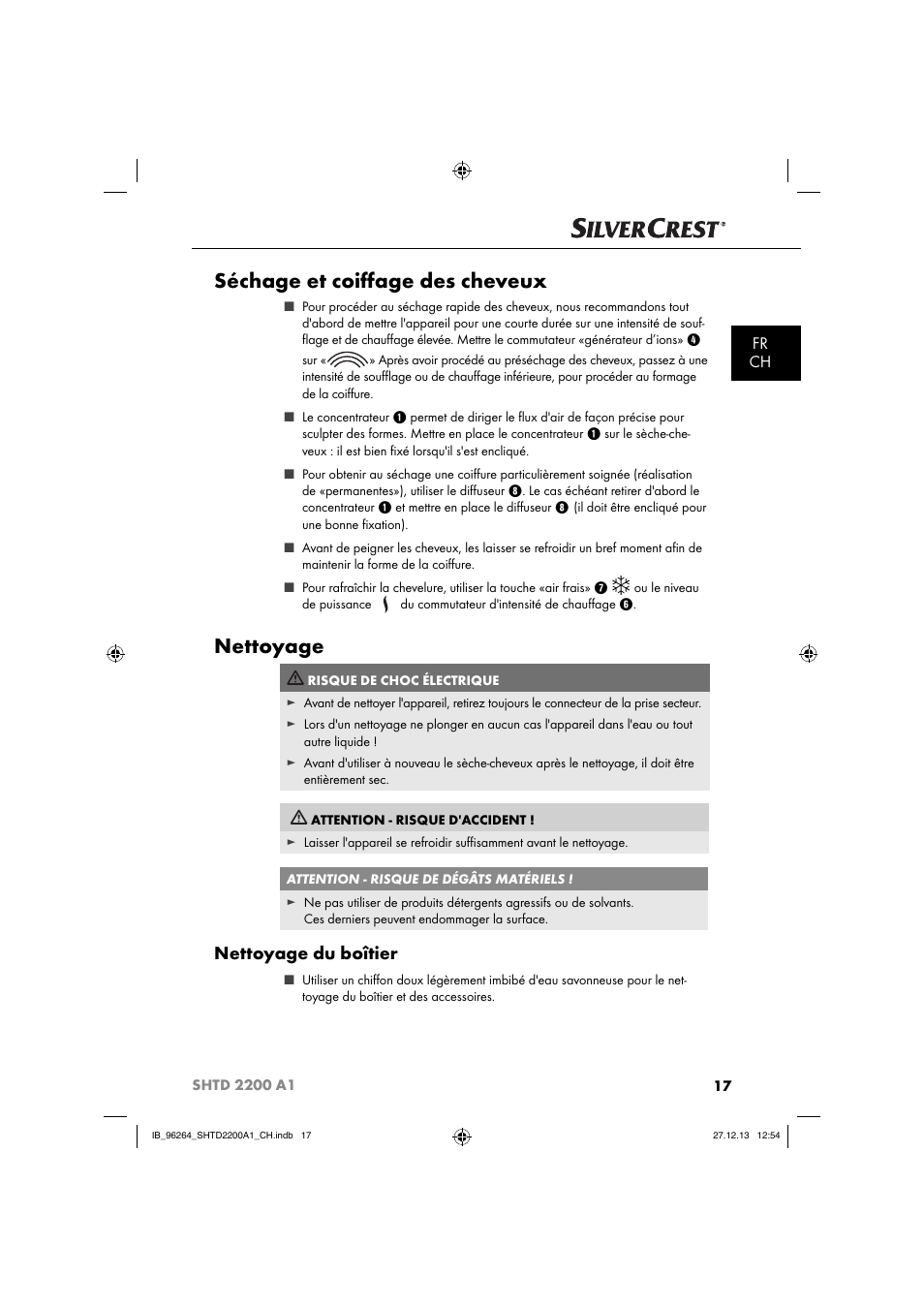 Séchage et coiﬀ age des cheveux, Nettoyage, Nettoyage du boîtier | Fr ch | Silvercrest SHTD 2200 A1 User Manual | Page 20 / 43