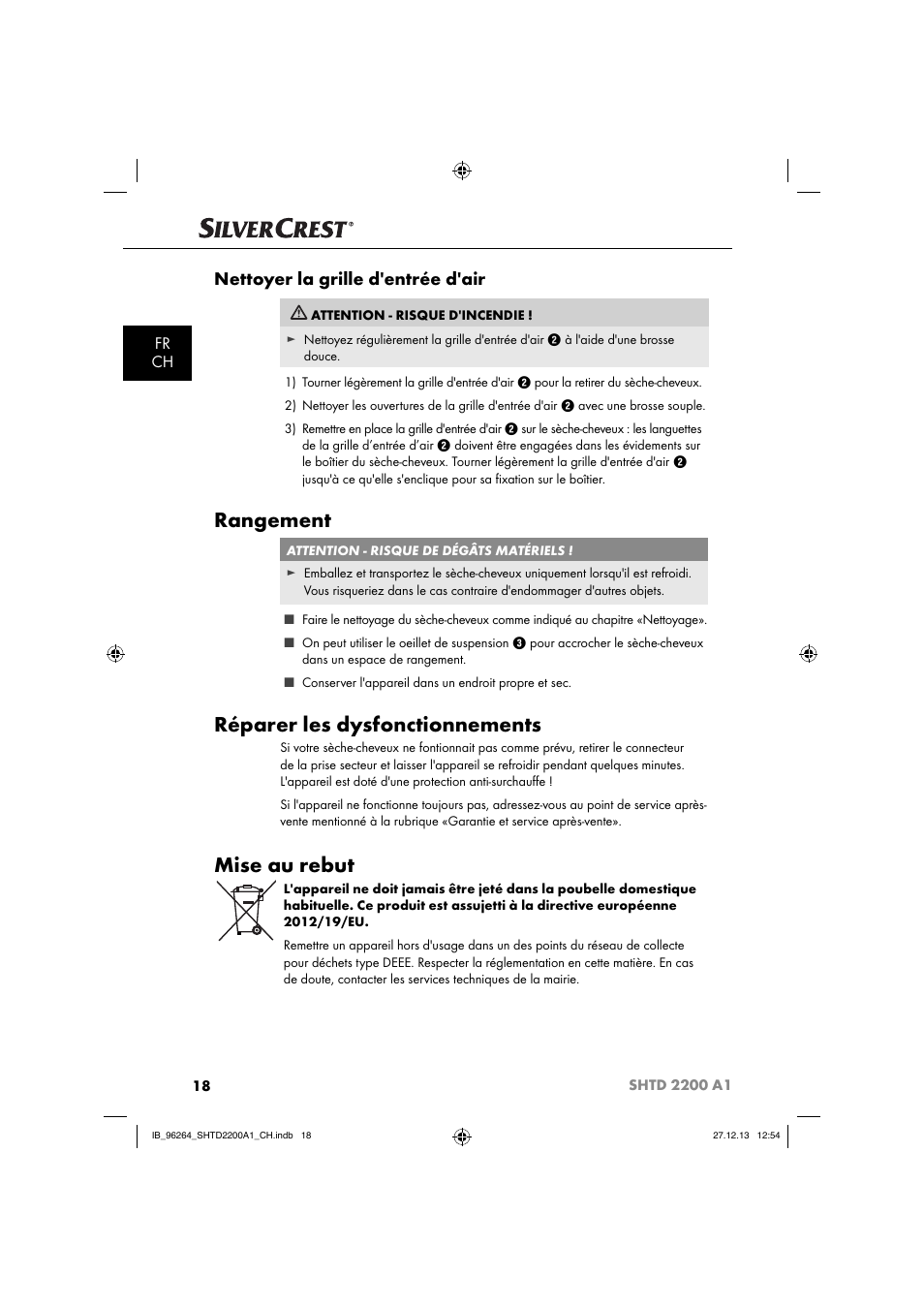 Rangement, Réparer les dysfonctionnements, Mise au rebut | Nettoyer la grille d'entrée d'air, Fr ch | Silvercrest SHTD 2200 A1 User Manual | Page 21 / 43