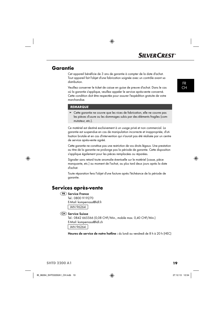 Garantie, Services après-vente, Fr ch | Silvercrest SHTD 2200 A1 User Manual | Page 22 / 43