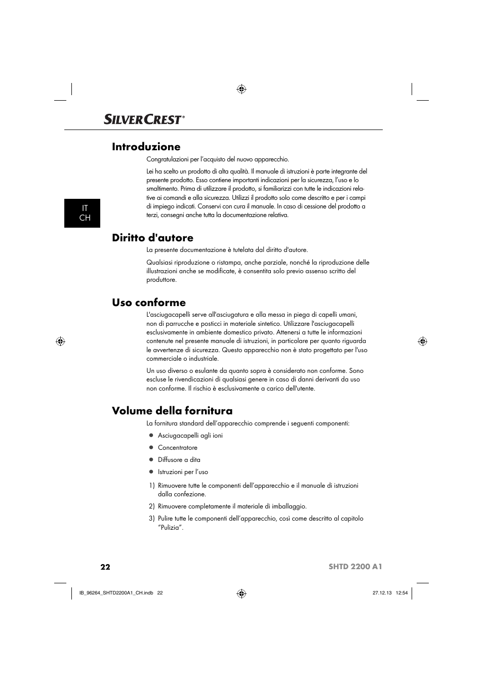 Introduzione, Diritto d'autore, Uso conforme | Volume della fornitura, It ch | Silvercrest SHTD 2200 A1 User Manual | Page 25 / 43