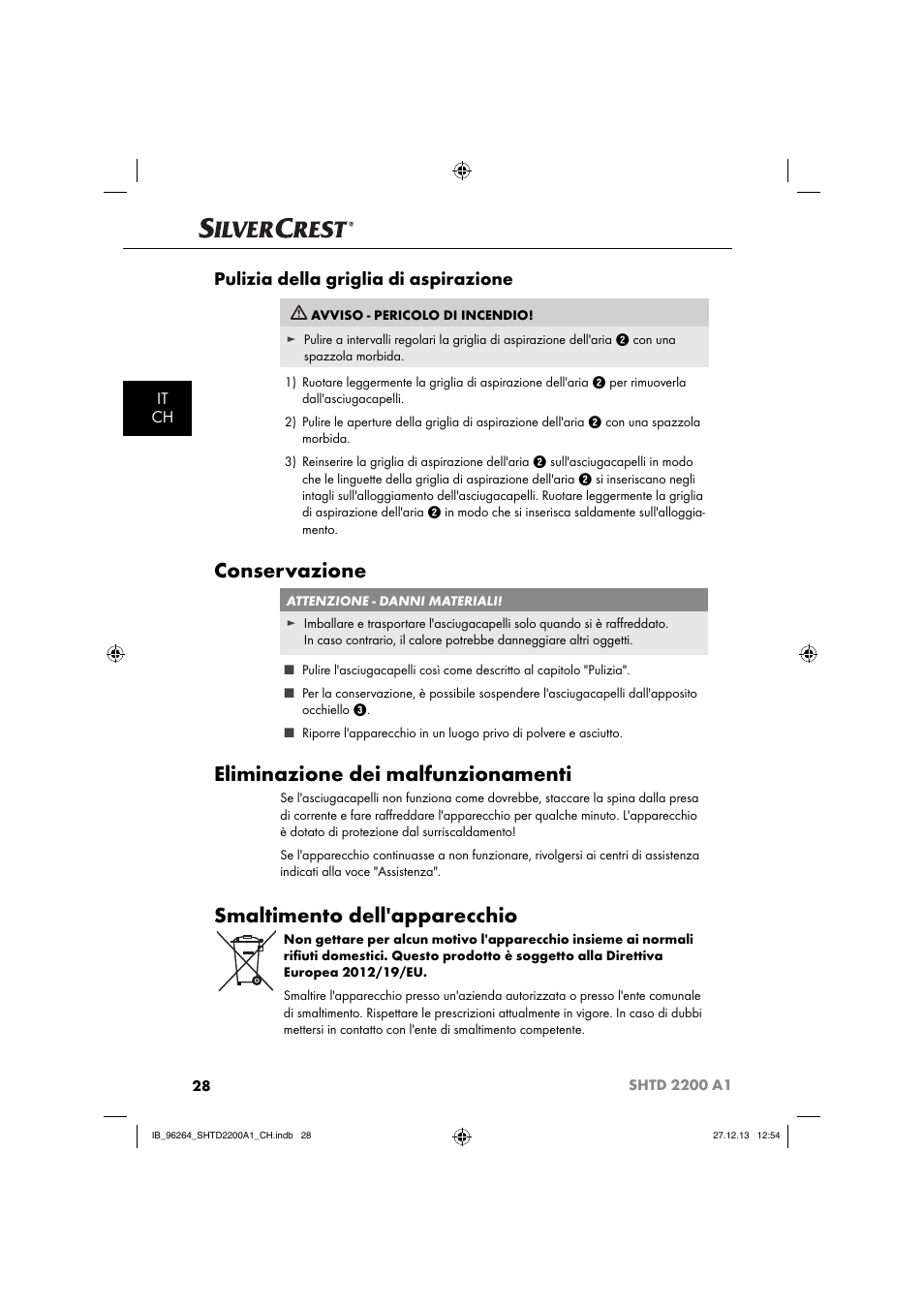 Conservazione, Eliminazione dei malfunzionamenti, Smaltimento dell'apparecchio | Pulizia della griglia di aspirazione, It ch | Silvercrest SHTD 2200 A1 User Manual | Page 31 / 43