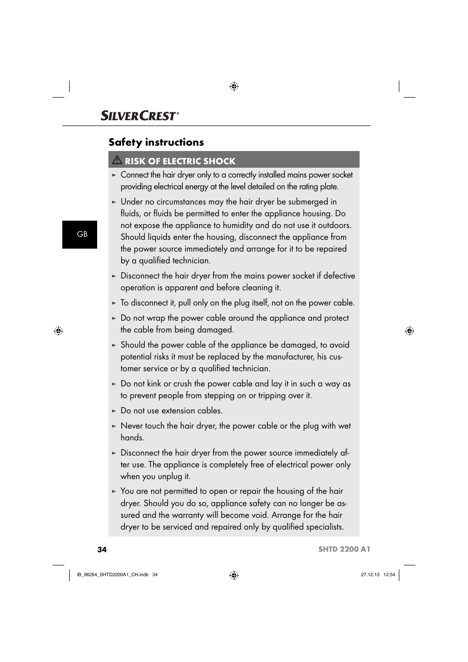 Safety instructions, Risk of electric shock, Do not use extension cables | Silvercrest SHTD 2200 A1 User Manual | Page 37 / 43