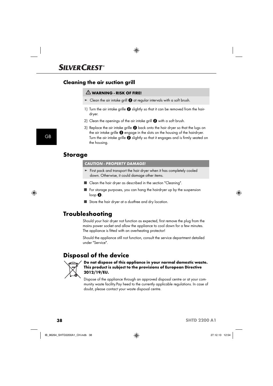 Storage, Troubleshooting, Disposal of the device | Cleaning the air suction grill | Silvercrest SHTD 2200 A1 User Manual | Page 41 / 43