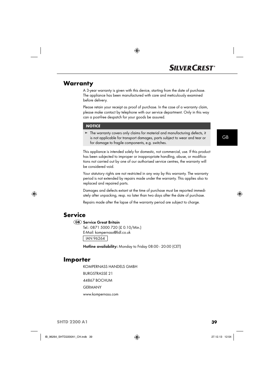 Warranty, Service, Importer | Silvercrest SHTD 2200 A1 User Manual | Page 42 / 43