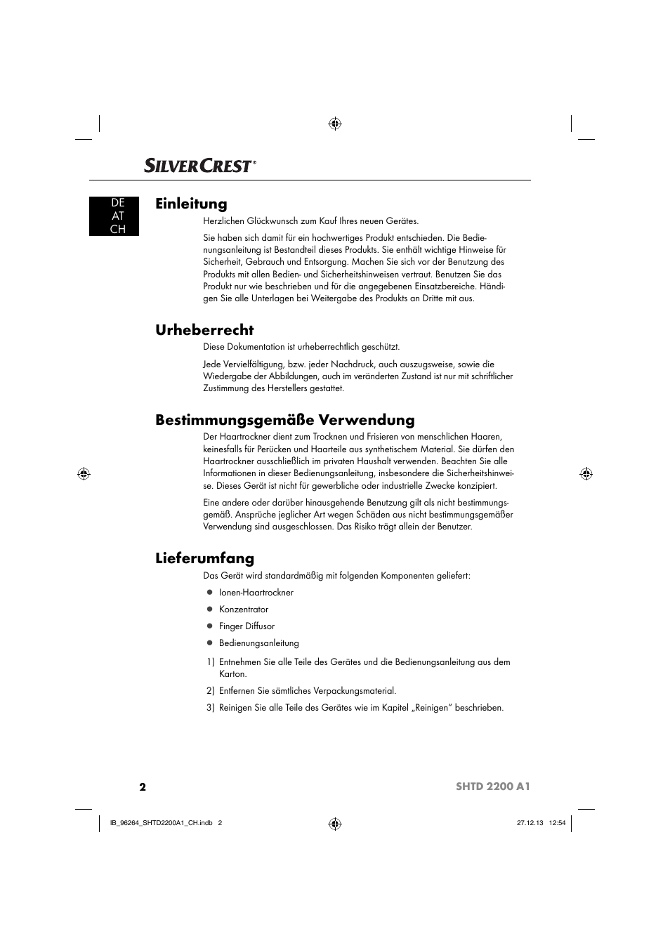 Einleitung, Urheberrecht, Bestimmungsgemäße verwendung | Lieferumfang, De at ch | Silvercrest SHTD 2200 A1 User Manual | Page 5 / 43