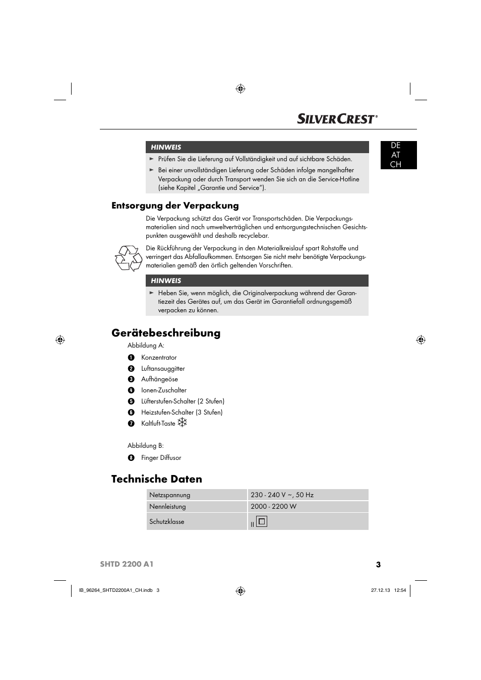 Gerätebeschreibung, Technische daten, Entsorgung der verpackung | De at ch | Silvercrest SHTD 2200 A1 User Manual | Page 6 / 43