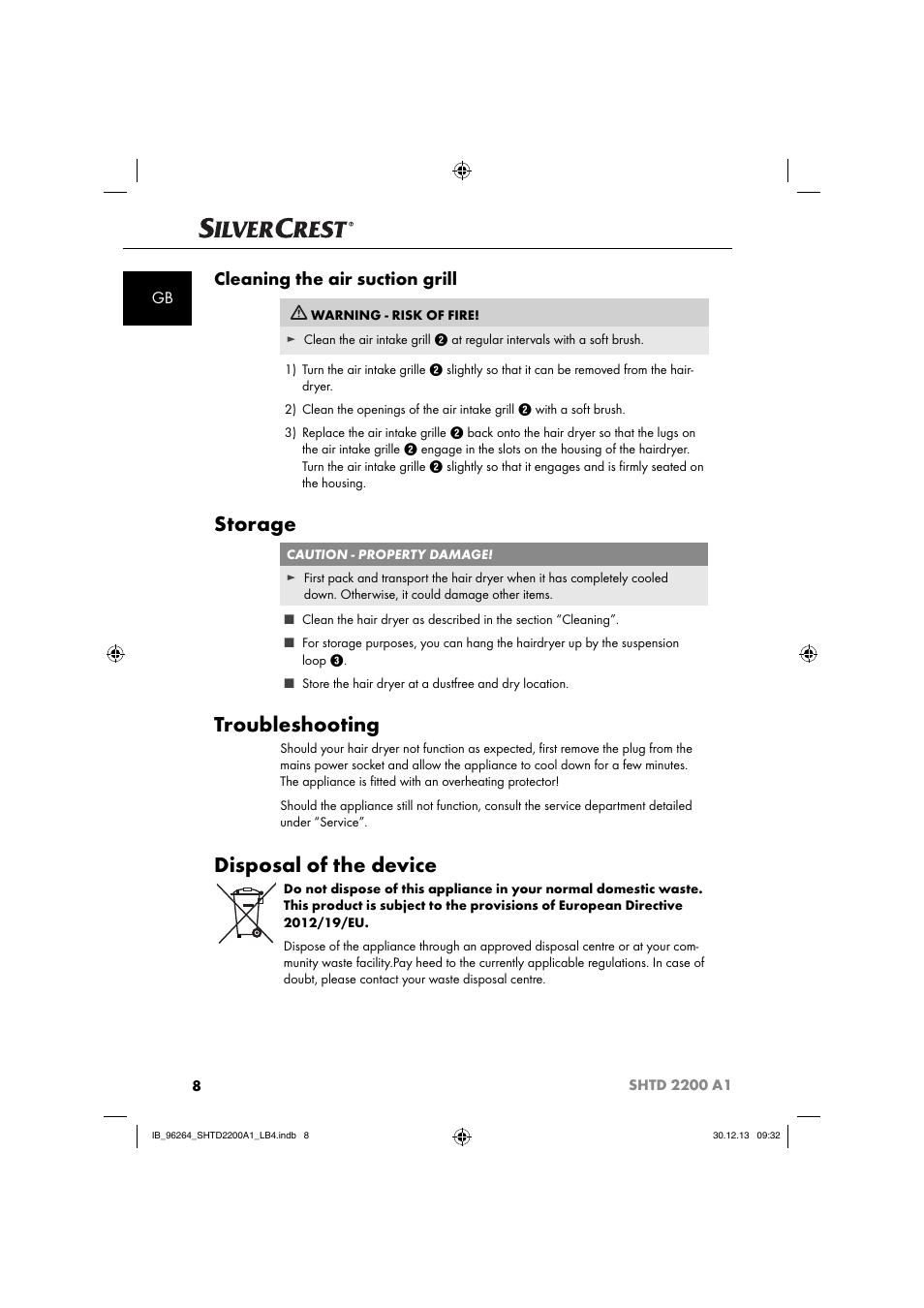 Storage, Troubleshooting, Disposal of the device | Cleaning the air suction grill | Silvercrest SHTD 2200 A1 User Manual | Page 11 / 74