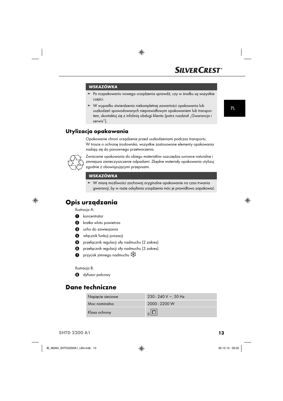 Opis urządzania, Dane techniczne, Utylizacja opakowania | Silvercrest SHTD 2200 A1 User Manual | Page 16 / 74