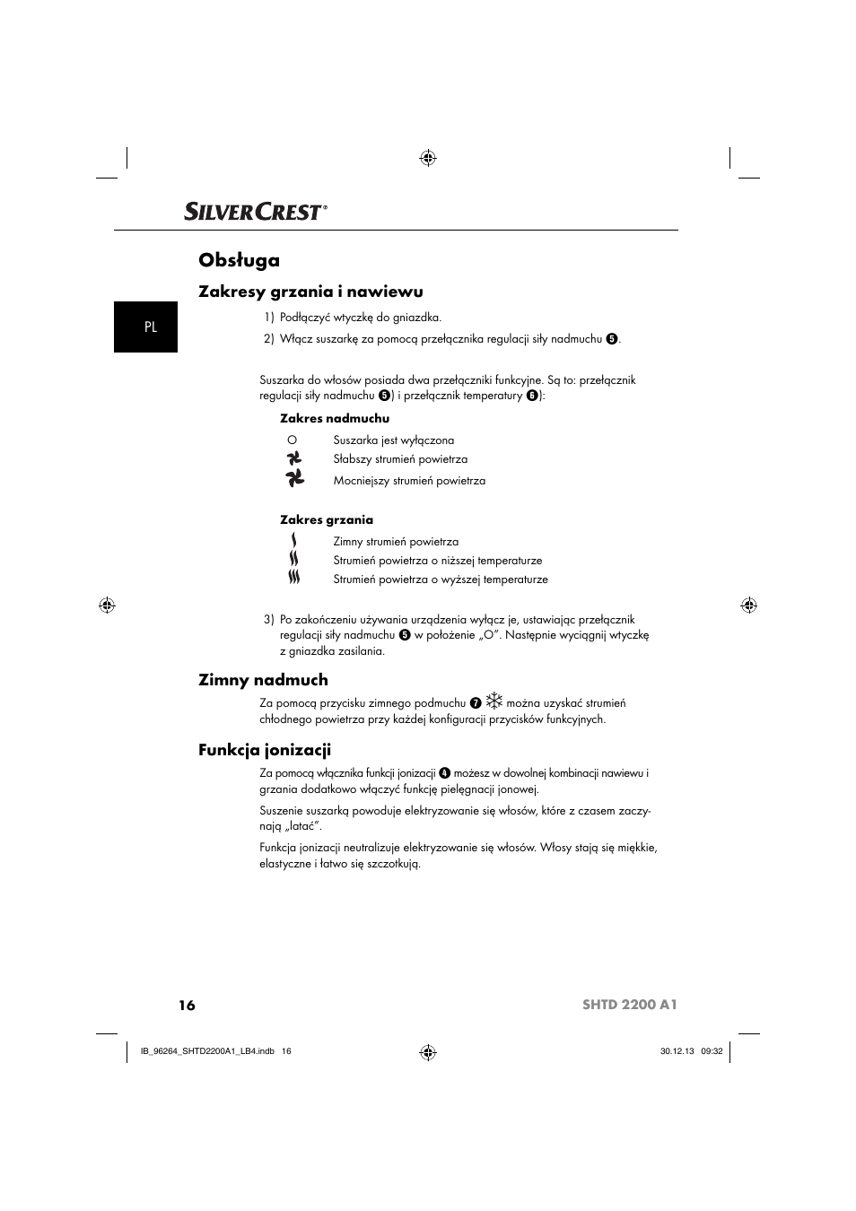 Obsługa, Zakresy grzania i nawiewu, Zimny nadmuch | Funkcja jonizacji | Silvercrest SHTD 2200 A1 User Manual | Page 19 / 74