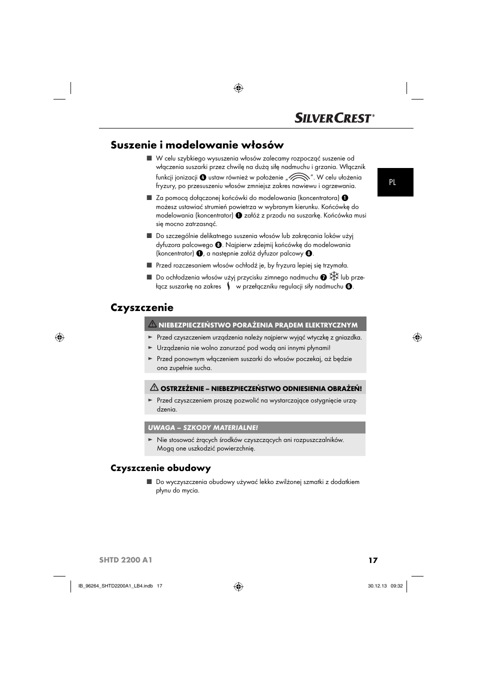 Suszenie i modelowanie włosów, Czyszczenie, Czyszczenie obudowy | Silvercrest SHTD 2200 A1 User Manual | Page 20 / 74
