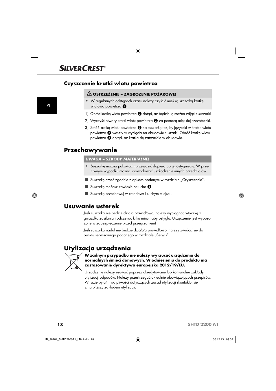 Przechowywanie, Usuwanie usterek, Utylizacja urządzenia | Czyszczenie kratki wlotu powietrza | Silvercrest SHTD 2200 A1 User Manual | Page 21 / 74