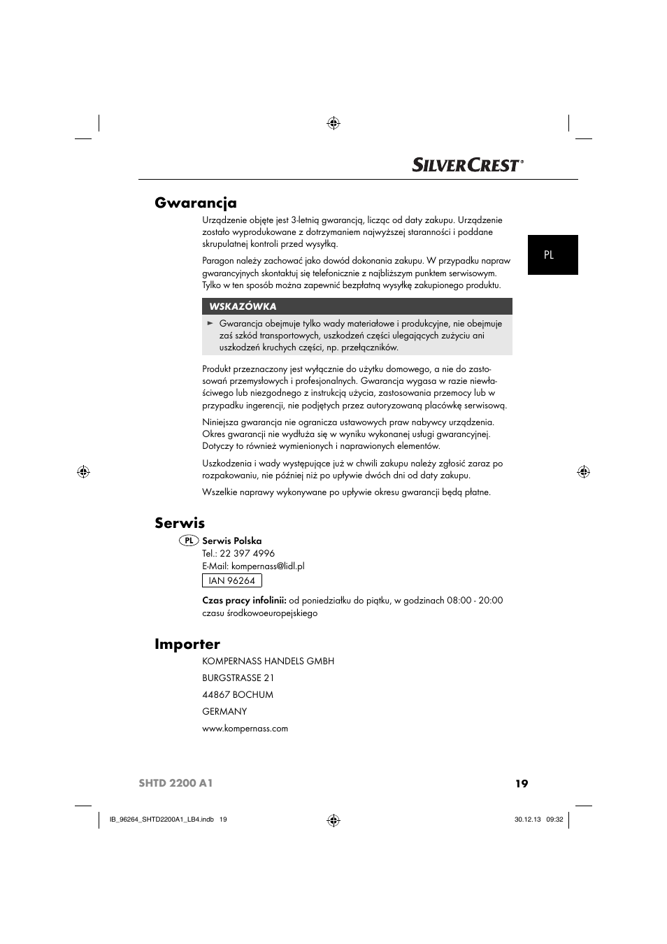 Gwarancja, Serwis, Importer | Silvercrest SHTD 2200 A1 User Manual | Page 22 / 74