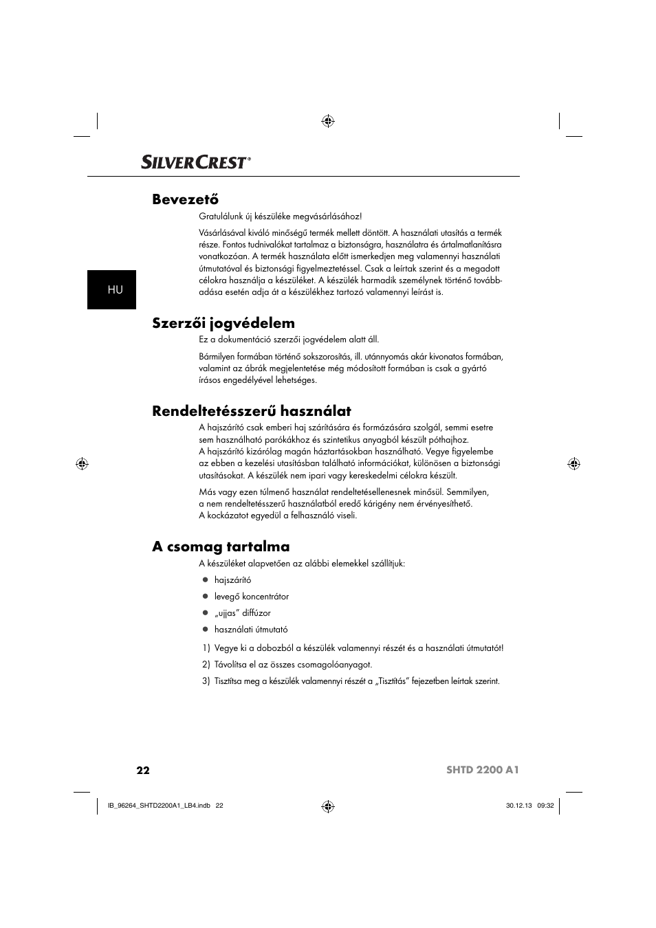 Bevezető, Szerzői jogvédelem, Rendeltetésszerű használat | A csomag tartalma | Silvercrest SHTD 2200 A1 User Manual | Page 25 / 74
