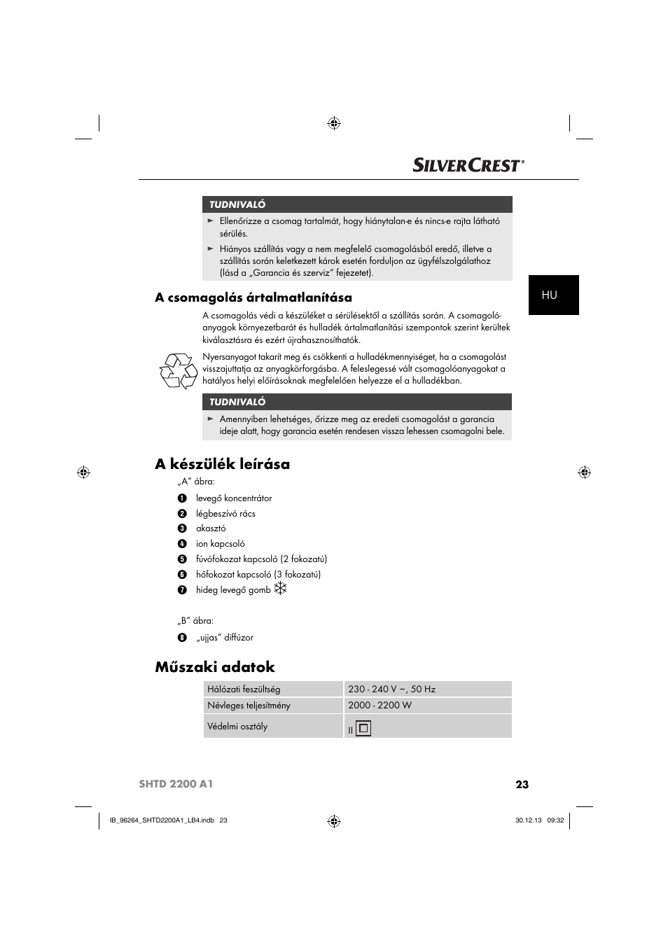 A készülék leírása, Műszaki adatok, A csomagolás ártalmatlanítása | Silvercrest SHTD 2200 A1 User Manual | Page 26 / 74