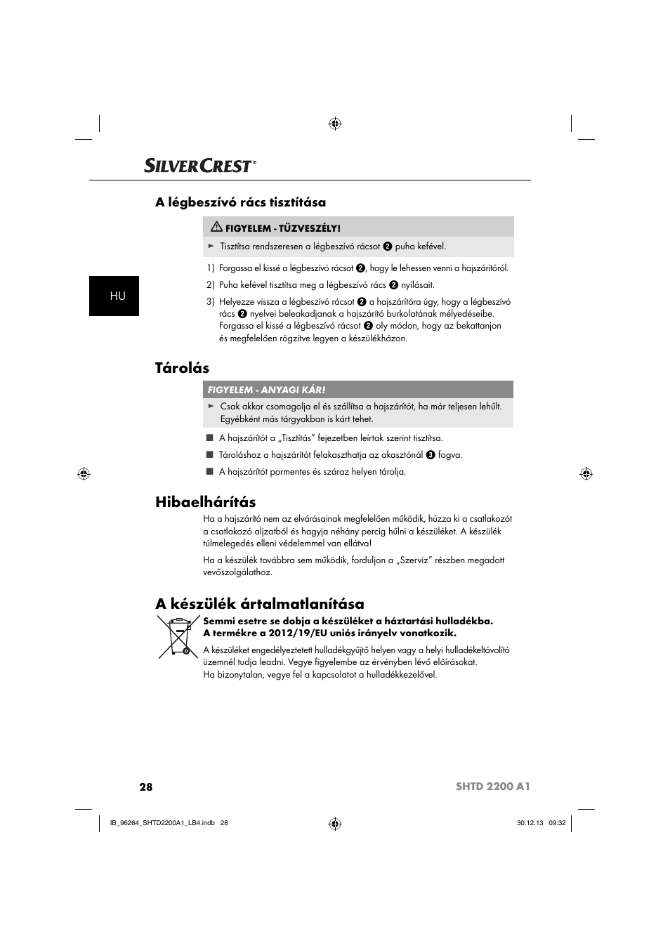 Tárolás, Hibaelhárítás, A készülék ártalmatlanítása | A légbeszívó rács tisztítása | Silvercrest SHTD 2200 A1 User Manual | Page 31 / 74