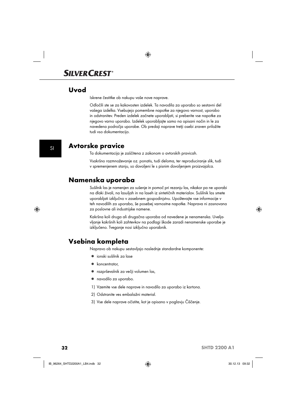 Uvod, Avtorske pravice, Namenska uporaba | Vsebina kompleta | Silvercrest SHTD 2200 A1 User Manual | Page 35 / 74