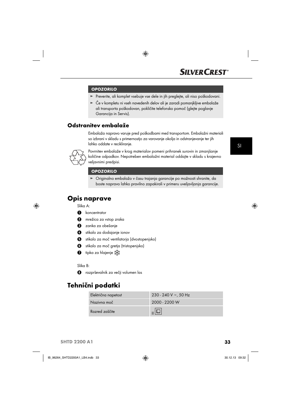 Opis naprave, Tehnični podatki, Odstranitev embalaže | Silvercrest SHTD 2200 A1 User Manual | Page 36 / 74
