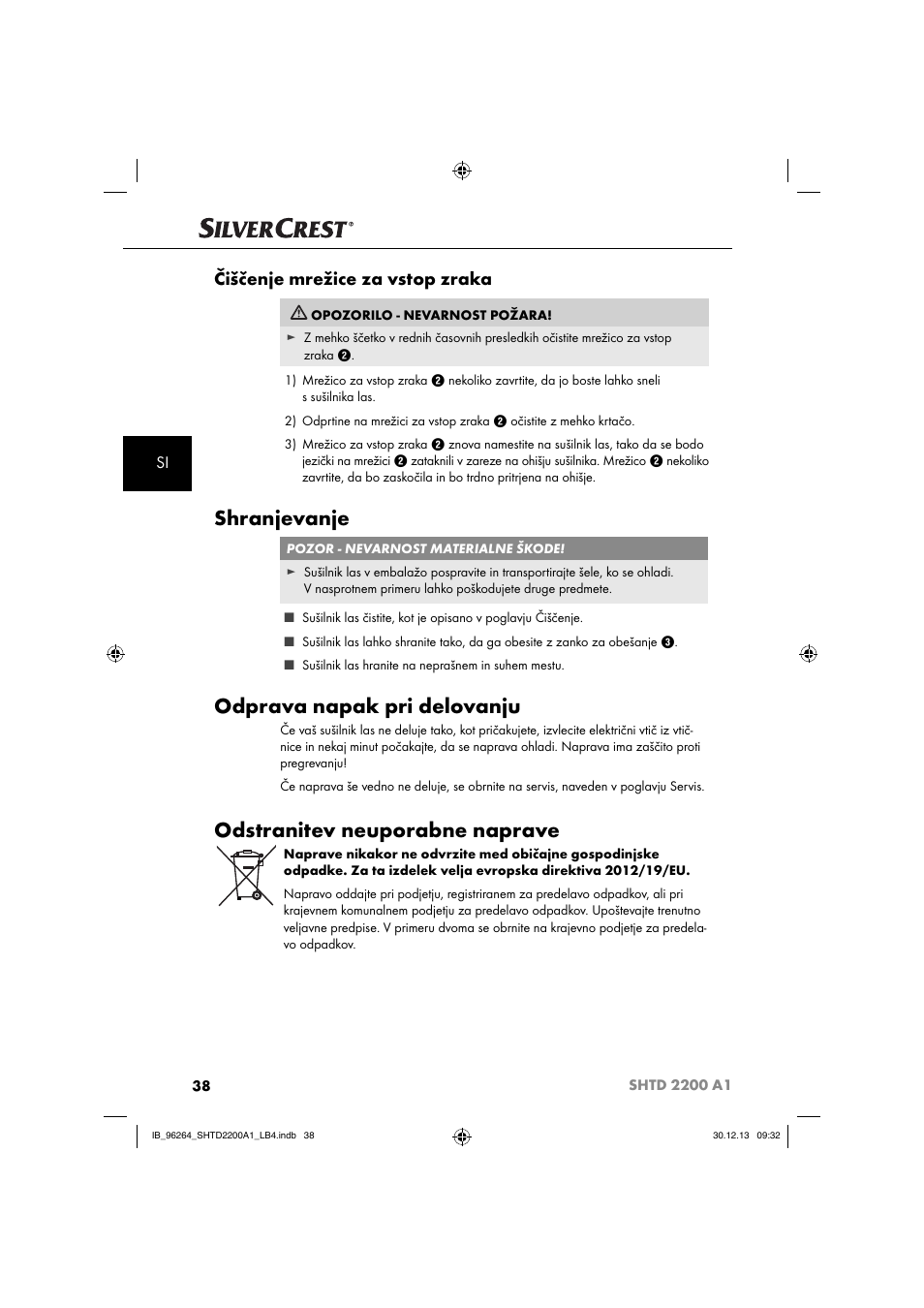 Shranjevanje, Odprava napak pri delovanju, Odstranitev neuporabne naprave | Čiščenje mrežice za vstop zraka | Silvercrest SHTD 2200 A1 User Manual | Page 41 / 74