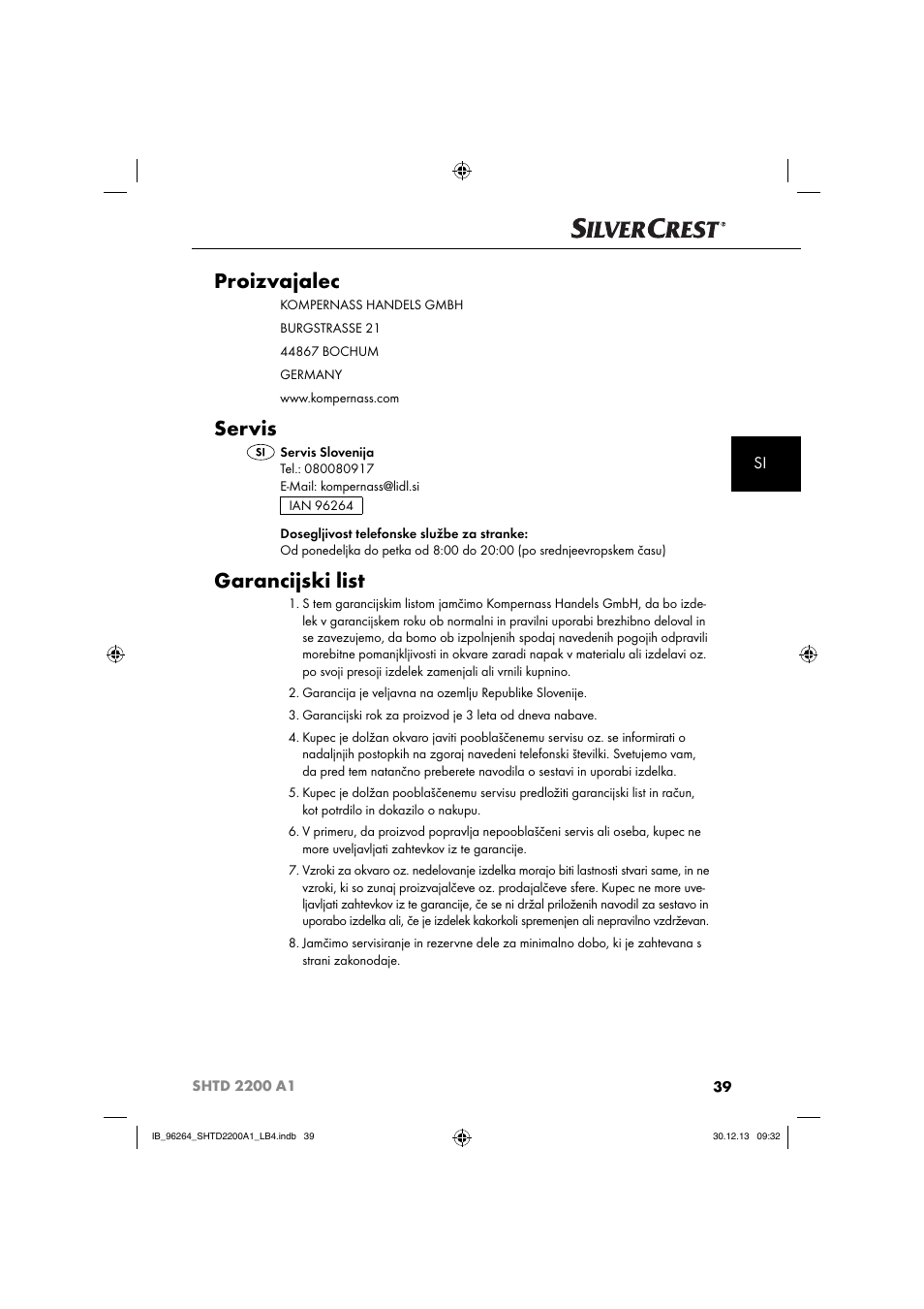 Proizvajalec, Servis, Garancijski list | Silvercrest SHTD 2200 A1 User Manual | Page 42 / 74