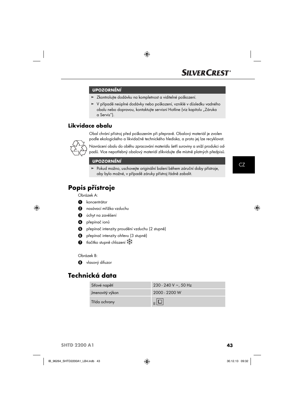Popis přístroje, Technická data, Likvidace obalu | Silvercrest SHTD 2200 A1 User Manual | Page 46 / 74
