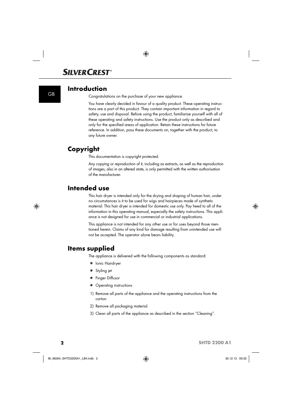 Introduction, Copyright, Intended use | Items supplied | Silvercrest SHTD 2200 A1 User Manual | Page 5 / 74