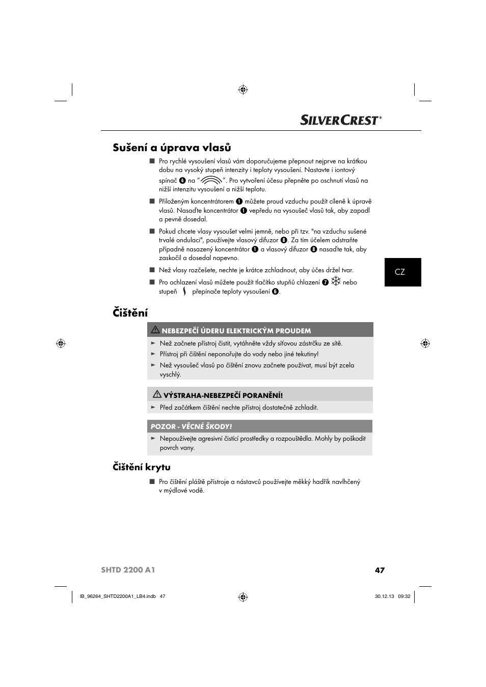 Sušení a úprava vlasů, Čištění, Čištění krytu | Silvercrest SHTD 2200 A1 User Manual | Page 50 / 74